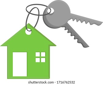Llaves con un llavero verde para la casa.  Ilustración vectorial aislada en fondo blanco.