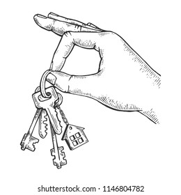 Keys in hand engraving vector illustration. Scratch board style imitation. Black and white hand drawn image.