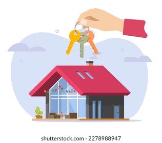 Claves en mano del vector de la casa, alquiler y alquiler de la ilustración gráfica de la propiedad inmobiliaria, vendedor de la persona inmobiliaria que vende nueva propiedad, compra apartamento compra imagen plana de dibujos animados 
