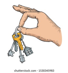 Keys in hand sketch engraving vector illustration. Tee shirt apparel print design. Scratch board style imitation. Black and white hand drawn image.