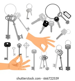 Keys with hands isolated on white background. Hand holding key vector illustration