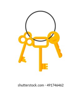 Keys hanging on key ring vector illustration isolated on white background, bunch of golden door and lock keys chain flat cartoon style