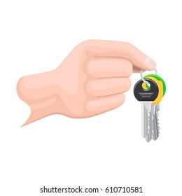 Keys hanging on keyring in human hand flat vector isolated on white background. Man hand holding bunch of modern doors keys on keyring illustration for real estate, buying new apartment concepts