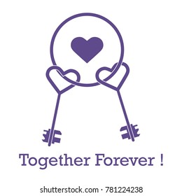 Keys in heart shape and the words together forever. Design for banner, poster or print. Greeting card Valentine's Day.