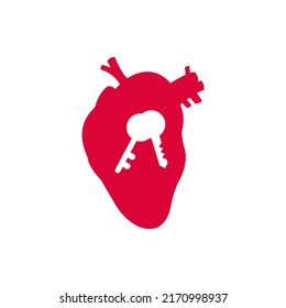Keys in the heart vector red illustration. EPS 10. Colored icon. Trendy flat isolated symbol on white. Love concept. Sign can be used for infographic, logo, app, banner, web design, dev, ui, ux
