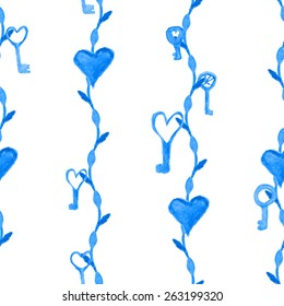 keys and hearts hanging on the leaves.seamless pattern.watercolor