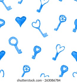 keys and hearts painted in watercolor.seamless pattern