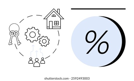 Keys, house icon, gears, and people connected in a circle near large percent symbol. Ideal for real estate, mortgage rates, property investment, home loans, financial planning, economic analysis