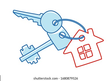 Keys to the house with a keychain House. Vector illustration doodles, thin line art sketch style concept