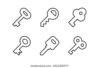 Juego de iconos de teclas, Cierre, puerta de apertura, Bloqueo desbloqueo iconos de la llave de la puerta botón contorno, línea, vector, signo, logotipo, ilustración, trazo editable, estilo de diseño aislado en pictograma lineal blanco