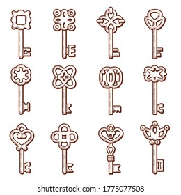 Keys icon. Silhouettes of keys and locks old victorian style vector elegant logo collection