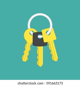 Keys icon vector illustration in modern flat style. Gold key on keyring icon isolated on green background. Security sign. EPS 10.