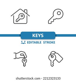 Keys Icons. Key, Hand, Hands, House, Real Estate, Icon. Professional, 32x32 pixel perfect vector icon. Editable Stroke