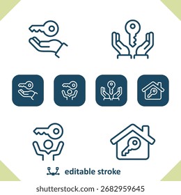 Iconos de llaves. Llave, mano, manos, casa, bienes raíces, icono. Profesional, icono de Vector perfecto de 32x32 píxeles. Trazo editable