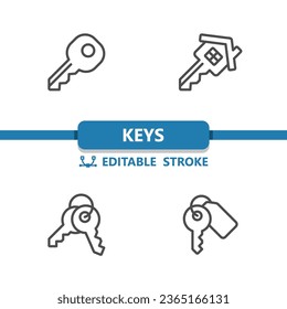 Keys Icons. Key, Keychain, Key Fob, Keyring Icon. Professional, 32x32 pixel perfect vector icon. Editable Stroke