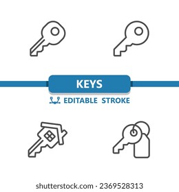 Teclas Iconos. Tecla, Keychain, Fob de teclas, Anillo de claves, Icono de bienes raíces. Profesional, icono vector perfecto de 32x32 píxeles. Stroke Editable