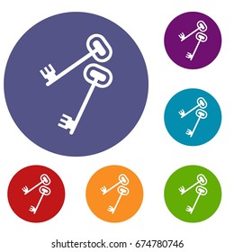 Keys icons set in flat circle reb, blue and green color for web