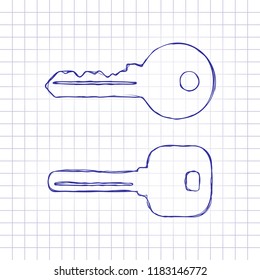 keys icons set. Hand drawn picture on paper sheet. Blue ink, outline sketch style. Doodle on checkered background