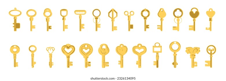 Keys icons set, isolated. Closing and opening doors. Gold keys signs and symbols collection. Locking and unlocking doors vintage keys pictogram, vector illustration.