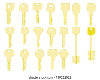 Keys icons set, isolated. Closing and opening doors. Gold keys signs and symbols collection.