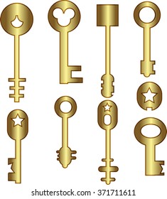 Keys icons set, isolated. Keys signs and symbols collection. Vintage keys closing and opening, locking and unlocking doors, vector illustration