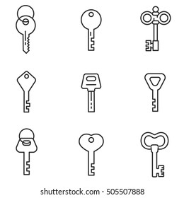 conjunto de iconos de teclas, diseño de línea delgada. las llaves de los bloques de diferentes formas, colección de símbolos lineales. llaves modernas y antiguas. ilustración vectorial aislada.