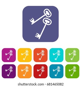 Keys icons set vector illustration in flat style in colors red, blue, green, and other