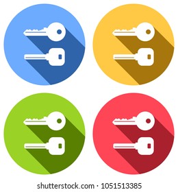 keys icons set. Set of white icons with long shadow on blue, orange, green and red colored circles. Sticker style