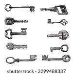 Keys ink drawing, monochrome watercolor painting. Car key, house key, collection. Isolated vector.