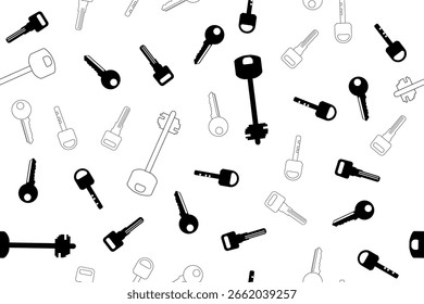 Keys isolated on a white background. Outline drawing and silhouettes. Seamless pattern under clipping mask, convenient for editing. Minimalist background for paper, textile, packaging.