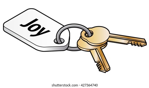Keys to joy concept. Two brass keys on key ring with a white tag.
