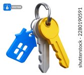 Keys with key chain in the form of house. Concept on real estate theme, buying, selling, protection, security, property insurance. Isolated on white background. Vector 3d realistic illustration