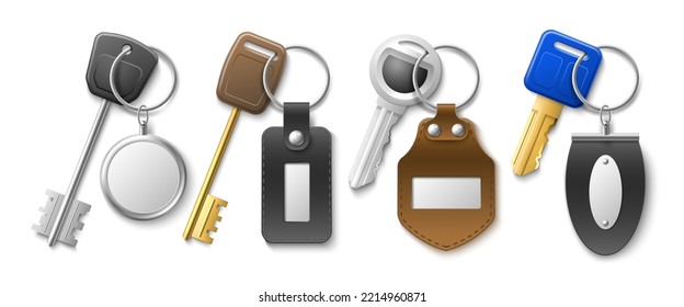 Keys with key chains. Realistic isolated keychains, leather and metal modern tags and pendants, different shapes charms, 3d holders various metal and different forms. Utter vector set