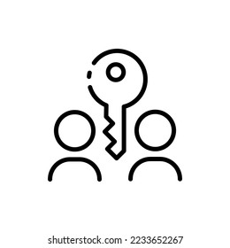 Keys with a keychain in the form of a house line icon. Renting an apartment, buying, selling real estate. Doors, lock, keyhole. Vector line icon on white background