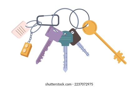 Keys with keychains decorated by pendants or trinkets, flat cartoon illustration. Vector modern keys, open house tool. Home rental, real estate property rent and sale concept