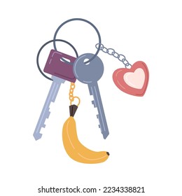 Keys with keychains as heart and banana trinkets flat cartoon illustration. Vector keyholder and keyring, modern keys with pendants. Home rental, property, real estate concept