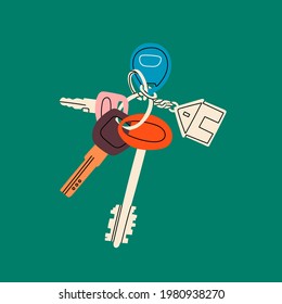 Keys with Keychains. Keyholder. Modern keys with pendants. Hand drawn Vector illustration. Home rental, property, real estate concept. Print or poster template