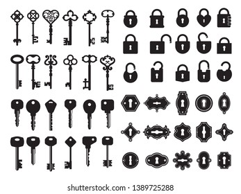 Keys and keyhole. Logo collection of modern and retro house keys secret gate padlock vector badges