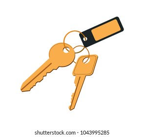 Keys in keyring with label, poster with thing opening doors, objects small piece of metal, vector illustration, isolated on white background