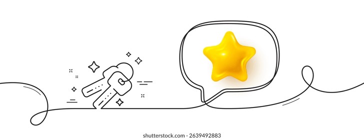 Keys line icon. Continuous line with 3d star. Door access lock sign. Buy new house symbol. 3d star in speech bubble. Keys single line ribbon. Loop curve pattern. Vector