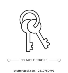 Keys line icon. Lock opening set on keyring. Access to closed enclosures. Personal tool to enter apartment. Isolated vector illustration. Outline symbol. Simple linear drawing. Editable stroke