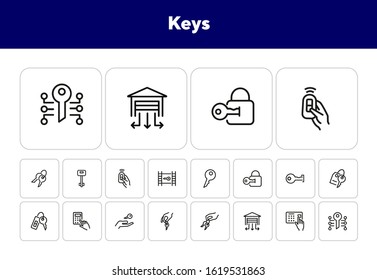 Keys line icon set. Set line icons on white background. Key, lock, access, enter. Security concept. Vector illustration can be used for topics like home, private, safety