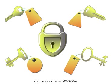 Keys and lock on white background