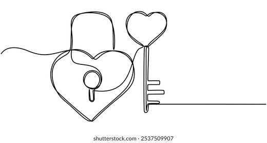 Keys and locker continuous one line drawing, Security Padlock Line icon, Sketch Design, Pixel perfect, Editable stroke, Encryption, Firewall, Guarding, Key, love key with love padlock continuous line