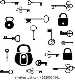 keys and locks in black silhouette against a white background, Keys with simple, straight shafts and different head shapes (heart, clover, circle)