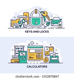 Keys and locks and calculators banner template. Privacy protection and math equipment thin line illustrations. Security measures, safety assurance. Various calculation tools