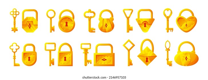 Keys and locks. Cartoon vintage golden bronze and steel secure store tools. Vector set