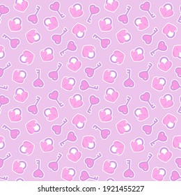 Keys, locks and hearts vector purple seamless pattern. Happy Valentine's day pink background.