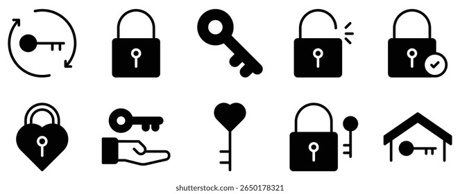 Keys and Locks Icon Set Solid Style Collection representing security access and protection suitable for cybersecurity systems physical security solutions and user interface design