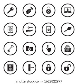 Keys And Locks Icons. Black Flat Design In Circle. Vector Illustration.